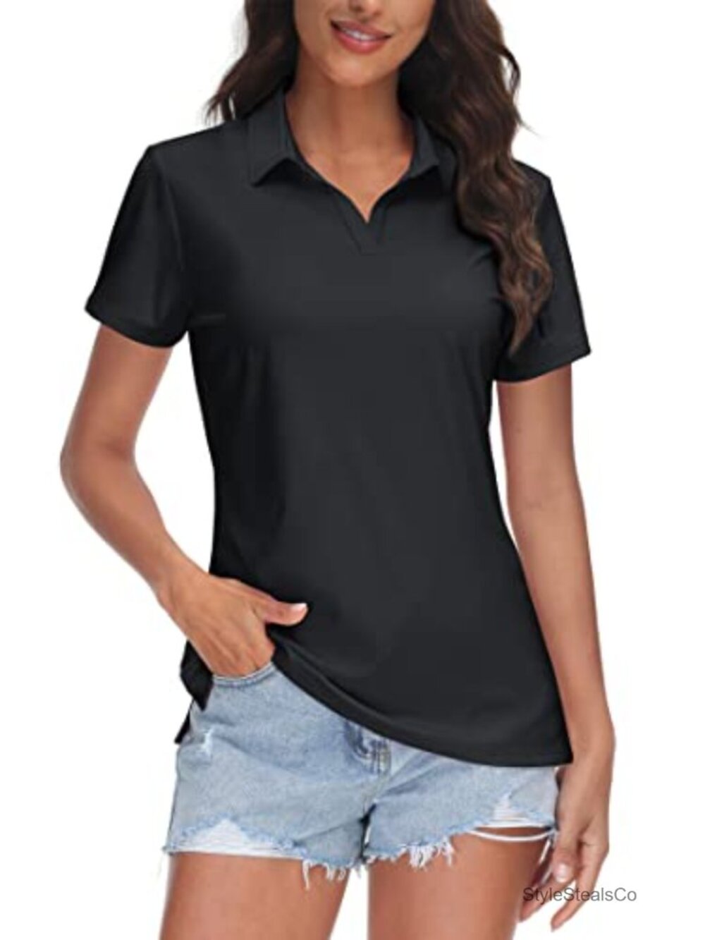 Women's V-Neck Polo Shirt UPF 50+ Quick Dry Short Sleeve Golf Top